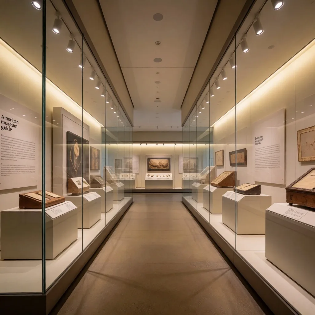 Empty museum gallery hall with display cases
