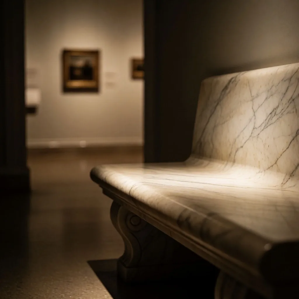 Marble museum bench in a quiet gallery corner with warm lamp light