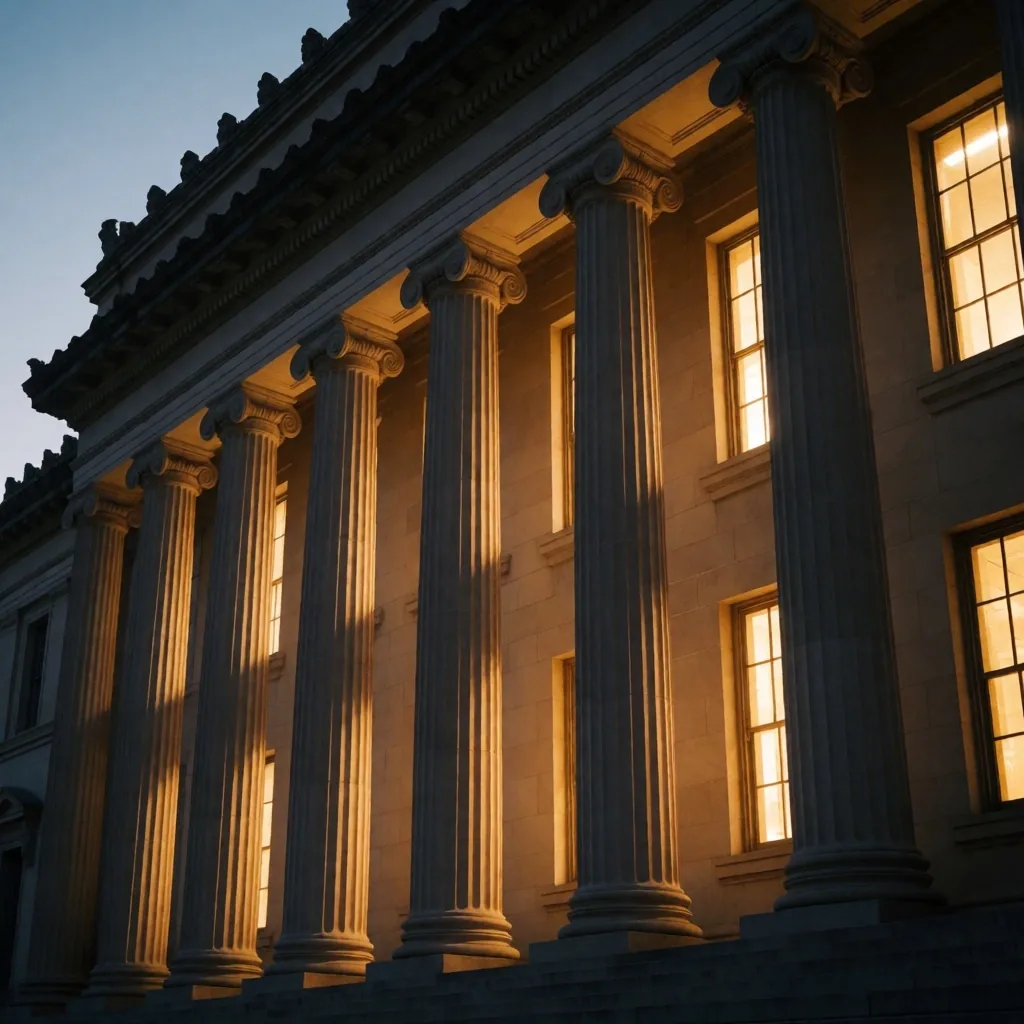 Museum facade with stone columns at dusk