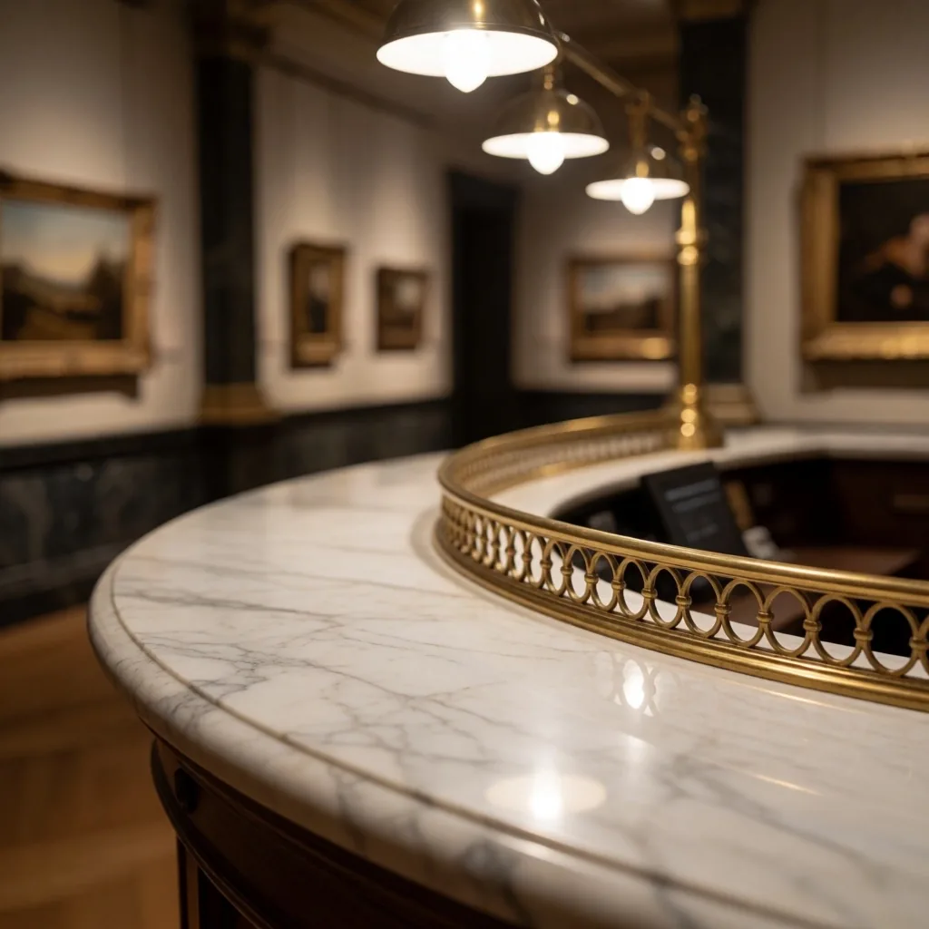 Museum ticket counter with marble surface and brass rail