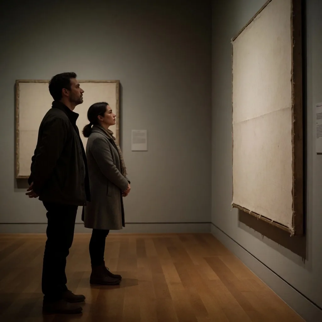Visitors standing quietly in a dimly lit museum corridor