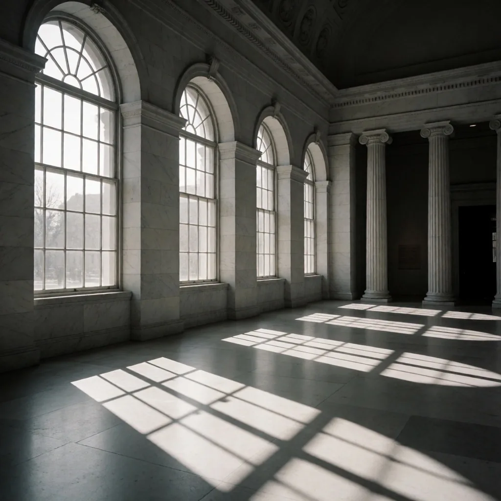 Empty grand museum gallery hall with tall arched windows and marble floors